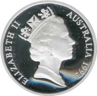 obverse of 5 Dollars - Elizabeth II - Abel Tasman - 3'rd Portrait (1993) coin with KM# 214 from Australia. Inscription: ELIZABETH II AUSTRALIA 1993 RDM