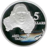 reverse of 5 Dollars - Elizabeth II - Abel Tasman - 3'rd Portrait (1993) coin with KM# 214 from Australia. Inscription: 5 DOLLARS ABEL TASMAN