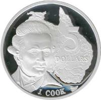 reverse of 5 Dollars - Elizabeth II - James Cook - 3'rd Portrait (1993) coin with KM# 215 from Australia. Inscription: 5 DOLLARS J. COOK