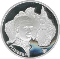 reverse of 5 Dollars - Elizabeth II - Matthew Flinders - 3'rd Portrait (1993) coin with KM# 216 from Australia. Inscription: 5 DOLLARS M. FLINDERS