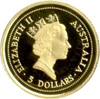 obverse of 5 Dollars - Elizabeth II - Red Kangaroo - 3'rd Portrait (1994 - 1995) coin with KM# 241 from Australia. Inscription: ELIZABETH II AUSTRALIA RDM · 5 DOLLARS ·