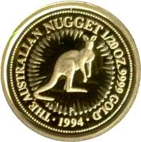 reverse of 5 Dollars - Elizabeth II - Red Kangaroo - 3'rd Portrait (1994 - 1995) coin with KM# 241 from Australia. Inscription: THE AUSTRALIAN NUGGET 1/20 OZ 9999 GOLD P · 1994 ·