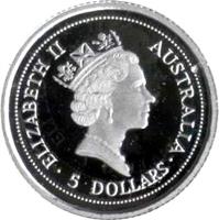 obverse of 5 Dollars - Elizabeth II - Koala - Koala Platinum Bullion; 3'rd Portrait (1994 - 1995) coin with KM# 278 from Australia. Inscription: ELIZABETH II AUSTRALIA 5DOLLARS