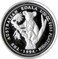 reverse of 5 Dollars - Elizabeth II - Koala - Koala Platinum Bullion; 3'rd Portrait (1994 - 1995) coin with KM# 278 from Australia. Inscription: THE AUSTRALIAN KOALA 1/20 OZ. 9995 PLATINUM 1994