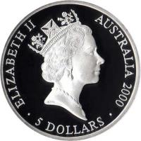 obverse of 5 Dollars - Elizabeth II - Sydney 2000 Olympics: A Sea Change I - Sydney 2000 Silver Bullion; 3'rd Portrait (1998) coin with KM# 371 from Australia. Inscription: ELIZABETH II AUSTRALIA 2000 RDM · 5 DOLLARS ·