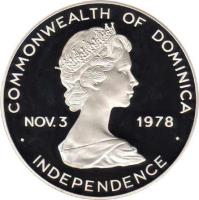 obverse of 20 Dollars - Elizabeth II - Israel and Egypt Peace Treaty (1979) coin with KM# 17 from Dominica. Inscription: COMMONWEALTH OF DOMINICA NOV.3 1978 INDEPENDENCE