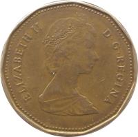 obverse of 1 Dollar - Elizabeth II - 2'nd Portrait (1987 - 1989) coin with KM# 157 from Canada. Inscription: ELIZABETH II D · G · REGINA