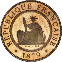 obverse of 1 Centime (1879) coin with KM# PE1 from French Cochinchina. Inscription: REPUBLIQUE FRANCAISE 1879