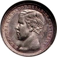 obverse of 1/2 Real (1867 - 1869) coin with KM# 143 from Guatemala. Inscription: CARRERA FUNDADOR DE LA R: DE GUATEMALA