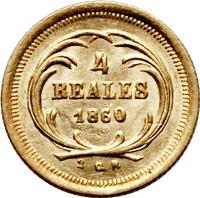 reverse of 4 Reales (1860 - 1864) coin with KM# 135 from Guatemala. Inscription: 4 REALES 1860