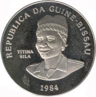 obverse of 250 Pesos - International Games: Horizontal Bar - Medallic Issue (1984) coin with KM# 24 from Guinea-Bissau. Inscription: REPUBLICA DA GUINE-BISSAU TITINA SILA 1984