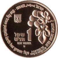 obverse of 1 New Sheqel - Nightingale (1997) coin with KM# 291 from Israel. Inscription: ישראל,اسرائيل, ISRAEL the fig tree putteth forth her green figs song of songs, 2.13 התאנה חנטה פגיה שיר השירים ב.יג