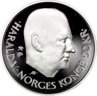 obverse of 50 Kroner - Harald V - 50th Anniversary - United Nations (1995) coin with KM# 454 from Norway. Inscription: · HARALD V · NORGES KONGE · 50 KR ·