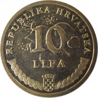 reverse of 10 Lipa - Croatian text (1993 - 2015) coin with KM# 6 from Croatia. Inscription: REPUBLIKA HRVATSKA 10 LIPA