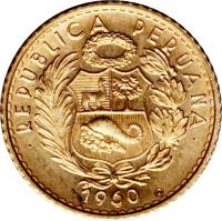 obverse of 5 Soles Oro (1956 - 1969) coin with KM# 235 from Peru.