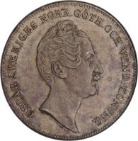 obverse of 1 Riksdaler Specie - Oscar I (1845 - 1855) coin with KM# 667 from Sweden. Inscription: OSCAR SVERIGES NORR.GÖTH.OCH VEND.KONUNG.