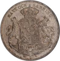 reverse of 1 Riksdaler Specie - Oscar I (1845 - 1855) coin with KM# 667 from Sweden. Inscription: RÄTT OCH SANNING 1R 1850 SP A. G.