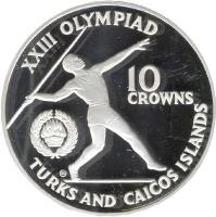 reverse of 10 Crowns - Elizabeth II - Javelin (1984) coin with KM# 58 from Turks and Caicos Islands. Inscription: XXIII OLYMPIAD 10 CROWNS CHI TURKS AND CAICOS ISLANDS