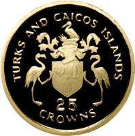 reverse of 25 Crowns - Elizabeth II - 2'nd Portrait (1976 - 1977) coin with KM# 9.2 from Turks and Caicos Islands. Inscription: TURKS AND CAICOS ISLANDS 25 CROWNS