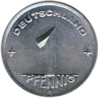 reverse of 1 Pfennig (1948 - 1950) coin with KM# 1 from Germany. Inscription: DEUTSCHLAND 1 PFENNIG E