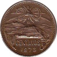 reverse of 20 Centavos - Type 3 National Emblem (1971 - 1974) coin with KM# 441 from Mexico. Inscription: 20 CENTAVOS 1974