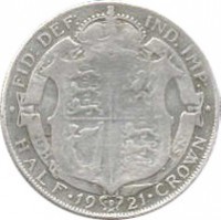 reverse of 1/2 Crown - George V (1920 - 1926) coin with KM# 818a from United Kingdom. Inscription: HONI SOIT · QVI MAL · Y PENSE · · FID: DEF: IND: IMP: · HALF · 19 21 · CROWN