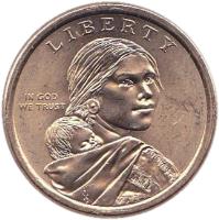 obverse of 1 Dollar - Native American Planting Crops - Sacagawea Dollar (2009) coin with KM# 467 from United States. Inscription: LIBERTY IN GOD WE TRUST