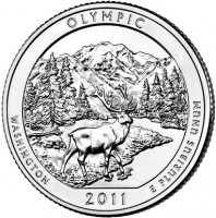 reverse of 1/4 Dollar - Olympic National Park, Washington - Washington Quarter (2011) coin with KM# 496 from United States. Inscription: OLYMPIC WASHINGTON E PLURIBUS UNUM 2011