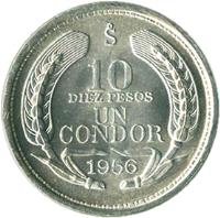 reverse of 10 Pesos / 1 Condor (1956 - 1959) coin with KM# 181 from Chile. Inscription: So 10 DIEZ PESOS UN CONDOR 1958