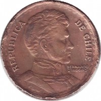 obverse of 1 Peso (1942 - 1954) coin with KM# 179 from Chile. Inscription: REPUBLICA DE CHILE BERNARDO O'HIGGINS