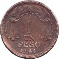 reverse of 1 Peso (1942 - 1954) coin with KM# 179 from Chile. Inscription: So 1 UN PESO 1944