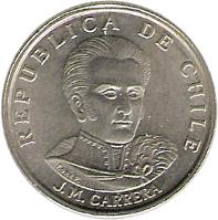 obverse of 1 Escudo (1971 - 1972) coin with KM# 197 from Chile. Inscription: REPUBLICA DE CHILE J.M.CARRERA