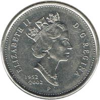 obverse of 25 Cents - Elizabeth II - Golden Jubilee - 3'rd Portrait (2002) coin with KM# 448 from Canada. Inscription: ELIZABETH II D · G · REGINA 1952-2002