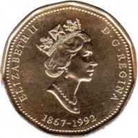 obverse of 1 Dollar - Elizabeth II - Canadian Confederation (1992) coin with KM# 218 from Canada. Inscription: ELIZABETH II D · G · REGINA 1867-1992