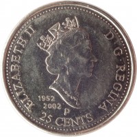 obverse of 25 Cents - Elizabeth II - Canada Day (2002) coin with KM# 451 from Canada. Inscription: ELIZABETH II D · G · REGINA 1952 2002 P 25 CENTS