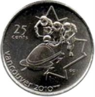 reverse of 25 Cents - Elizabeth II - Bobsleigh (2008) coin with KM# 841 from Canada. Inscription: 25 CENTS VANCOUVER 2010