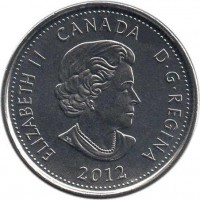 obverse of 25 Cents - Elizabeth II - War of 1812: Sir Isaac Brock - Colourized (2012) coin with KM# 1322a from Canada. Inscription: ELIZABETH II D · G · REGINA 2012