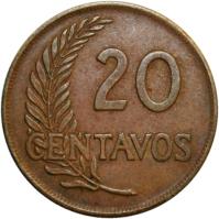 reverse of 20 Centavos (1951 - 1965) coin with KM# 221.2b from Peru. Inscription: 20 CENTAVOS