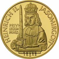 obverse of 500 Schilling - Heinrich II. Jasomirgott (1996) coin with KM# 3032 from Austria. Inscription: HEINRICH II. JASOMIRGOTT PRIVILEGIUM MINUS