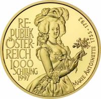 reverse of 1000 Schilling - Marie Antoinette (1997) coin with KM# 3043 from Austria. Inscription: RE- PUPLIK ÖSTER- REICH 1000 SCHILLING 1997 MARIE ANTOINETTE 1755-1793