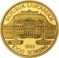 reverse of 1000 Schilling - Maria Theresa - 1000 Years of Austria (1993) coin with KM# 3013 from Austria. Inscription: REPUBLIK ÖSTERREICH 1993 1000 SCHILLING