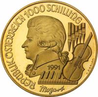 obverse of 1000 Schilling - Zauberflöte (1991) coin with KM# 2999 from Austria. Inscription: REPUBLIK ÖSTERREICH 1000 SCHILLING 1991 Mozart