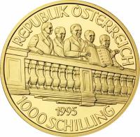 reverse of 1000 Schilling - 50th Anniversary second Republic (1995) coin with KM# 3030 from Austria. Inscription: REPUBLIK ÖSTERREICH 1995 1000 SCHILLING