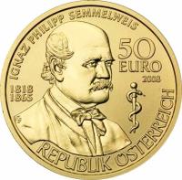 reverse of 50 Euro - Ignaz Philipp Semmelweis (2008) coin with KM# 3153 from Austria. Inscription: IGNAZ PHILIPP SEMMELWEIS 50 EURO 2003 1818 1865 TP REPUBLIK ÖSTERREICH