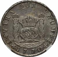 reverse of 8 Reales - Carlos III (1767 - 1770) coin with KM# 50 from Bolivia.