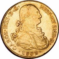 obverse of 8 Escudos - Carlos IV (1791 - 1808) coin with KM# 81 from Bolivia. Inscription: CAROL · IIII · D · G · HISP · ET IND · R · 1802