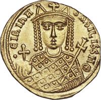 reverse of 1 Solidus (797 - 802) coin with SB# 1599 from Byzantine Empire. Inscription: EIRIhH	bASILISSHΘ