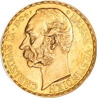 obverse of 10 Daler - Christian IX (1904) coin with KM# 73 from Danish West Indies.