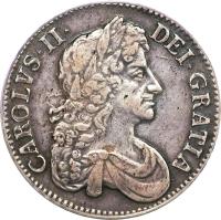 obverse of 1 Crown - Charles II - 4'th Portrait (1679 - 1684) coin with SP# 3359 from England. Inscription: CAROLVS · II · DEI · GRATIA