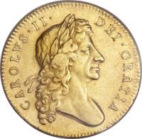 obverse of 5 Guineas - Charles II (1678 - 1684) coin with SP# 3331 from England. Inscription: CAROLVS · II · DEI · GRATIA